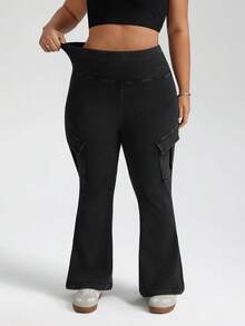 SHEIN PETITE CURVE Plus Size Casual Washed High Waist Flare Leg Cargo Jeans - Black - View 6