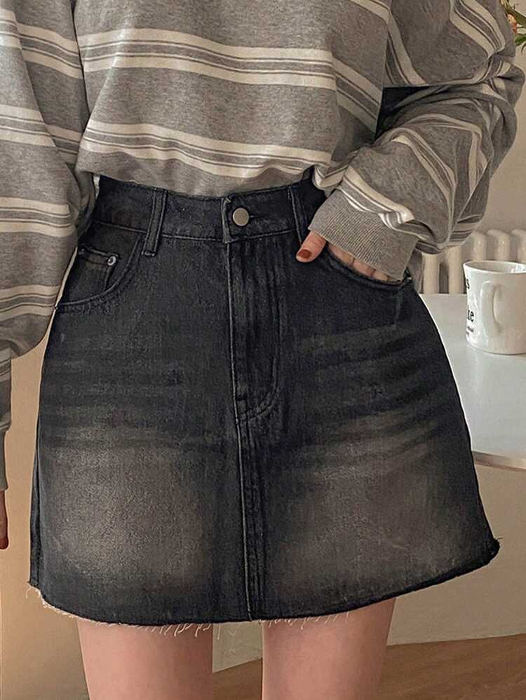 Washed Frayed Denim A-Line Skirt, High Waist Loose Flattering Women Summer Denim Skirt