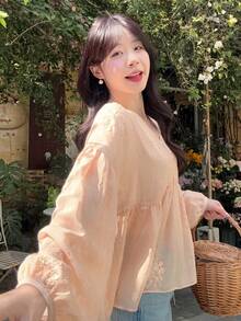 DAZY 女士V领褶皱A字长袖亮片优雅衬衫 - 粉色 - 查看 5