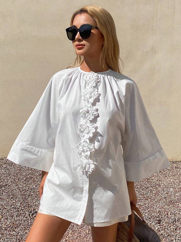 Women's Loose 3D Floral Decor Round Neck 3/4 Sleeve Long Casual Summer Top