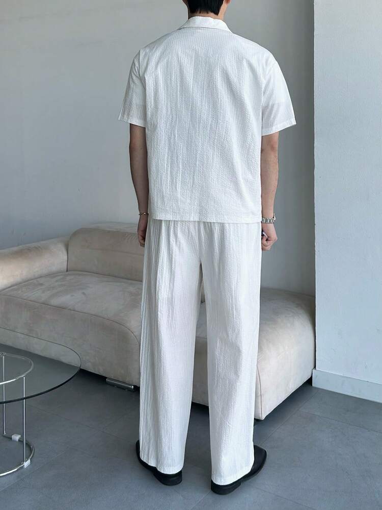 Men's Solid White Short Sleeve Shirt And Pants Set, Spring/Summer