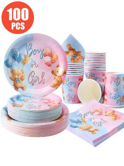 100件套性别揭晓可爱小熊主题派对餐具套装，包含7/9英寸一次性纸盘（饰有小熊图案）、一次性纸杯和餐巾纸，可爱小熊主题性别揭晓派对用品