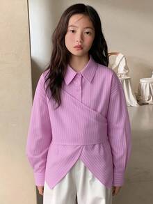 DAZY 少女翻领条纹长袖梭织衬衫，秋季款 - 粉色 - 查看 4