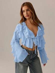 SHEIN SXY Black Top;Fall Women Clothes;Crop Tops;Holiday Costume Party Gathering Black Mesh See-Through Lotus Leaf Strap Deep V Neck Women Sexy Long Sleeve Shirt - Blue - View 3
