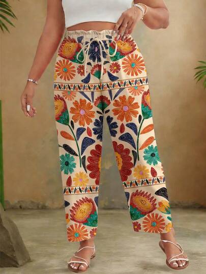 Travachic Plus Size Women Floral Print Drawstring Waist Wide Leg Pants, Vacation Boho Pants For Women Womens Summer Pants Women Vacation Outfit Sets Bohemian Trousers Beach Wear Pants