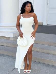 Alexandranx 女士度假针织华夫格纹理修身长裙，开衩，抽绳设计。适合派对、约会、性感、下午茶、海滩、夏季音乐节、婚礼季节 - 杏色 - 查看 4