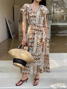 DAZY Đầm maxi nữ cổ chữ V in họa tiết, tay ngắn, thắt eo, kiểu boho, thích hợp cho kỳ nghỉ hè. - màu nâu - Xem 3