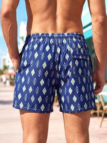 Surfspeed Men's Geometric Print Drawstring Waist Beach Shorts Men's Swim Trunks Geometric Blue Swim Trunks For Men - Blue - View 2