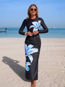 SHEIN Swim Mulvari Bộ đồ bơi nữ thời trang mới nhất màu đen, tay dài, cổ tròn, khóa kéo sau lưng, in họa tiết xanh dương, ôm eo, xếp ly, xẻ tà bên hông, kiểu Burkini Trung Đông thanh lịch, 2 mảnh, thích hợp cho mùa Xuân/Hè/Thu. - màu đen - Xem 4