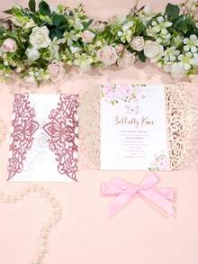 20张粉色闪光激光切割婚礼邀请函套装，含信封、回复卡和蝴蝶结丝带，适用于新娘送礼会、订婚、十五岁生日派对、甜美十六岁生日派对等活动文具。 - 金蔥粉 - 查看 4