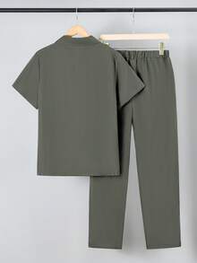 Vacaura 两件套青少年夏季套装，包括纽扣衬衫和宽松长裤，休闲日常穿着套装 - 軍綠色 - 查看 2