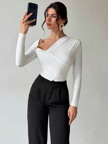 Firerie Women's Asymmetric Shoulder Long Sleeve Wrap Bodysuit,Metal Decor Ruched Waist Slim Fit White Elegant Top,Autumn Night Out Airport Outfit - White - View 7
