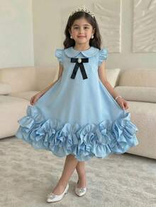 SHEIN Young Girl Color Block Peter Pan Collar Bow Decor Ruffle Hem A-Line Dress,College Style Dress,Spring/Summer Ramandan Style Matching Family Vacation - Blue - View 1