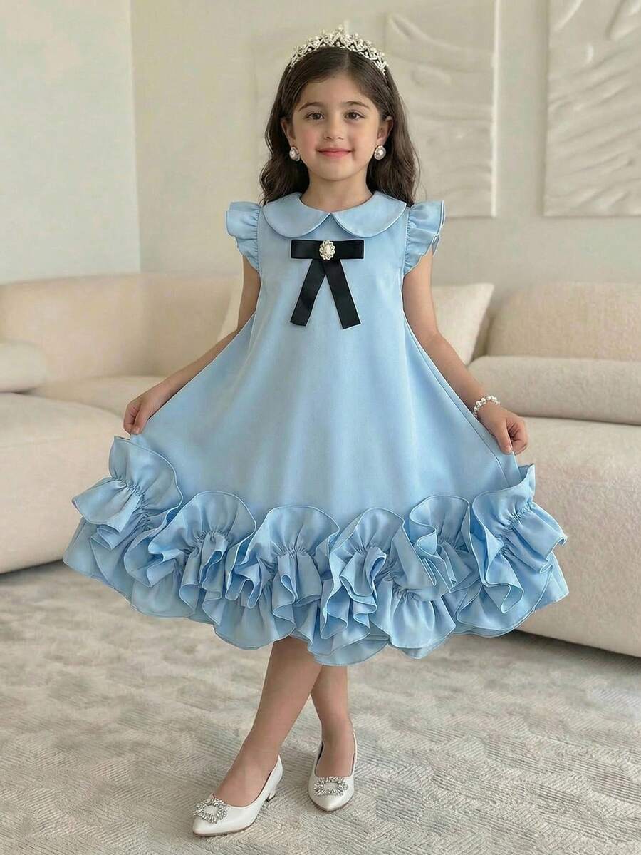 SHEIN Young Girl Color Block Peter Pan Collar Bow Decor Ruffle Hem A-Line Dress,College Style Dress,Spring/Summer Ramandan Style Matching Family Vacation - Blue - View 1