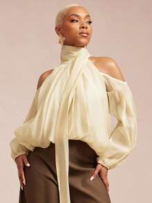 Vixey 露肩气球褶边吊带围巾上衣 - 卡其色 - 查看 1
