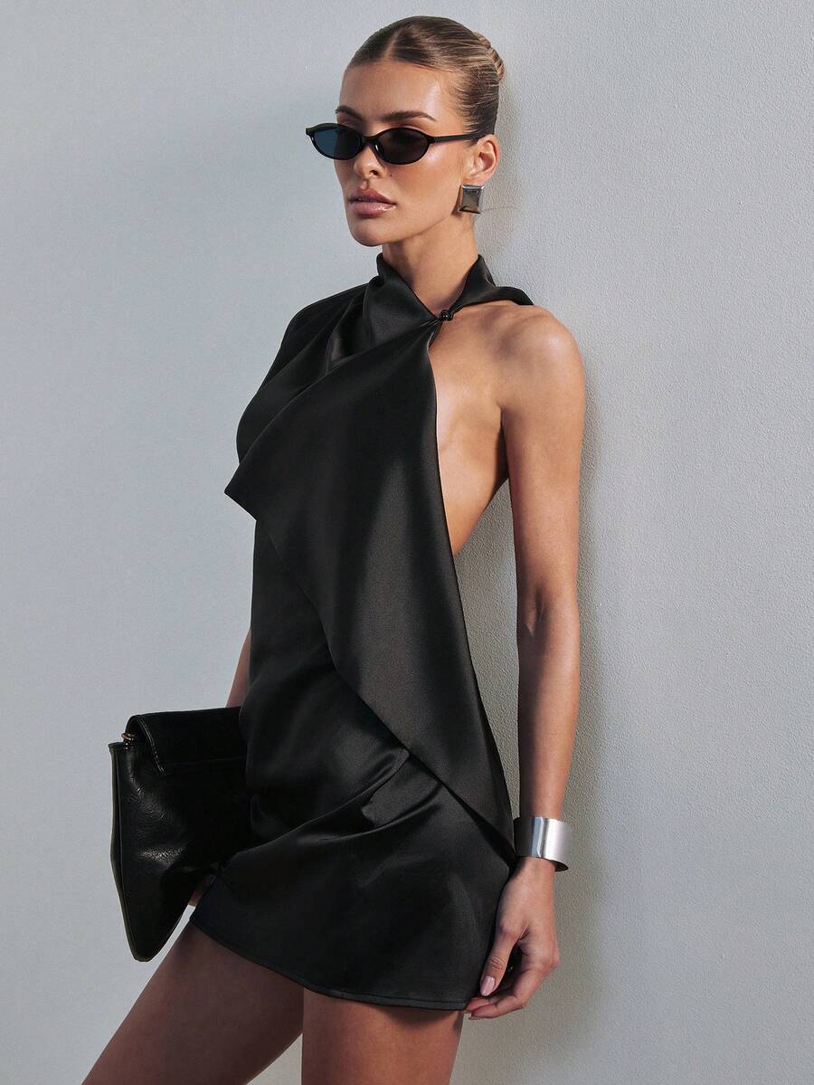Hauture Women's Stretch Satin Draped Asym Short Low Back Dress Sexy Office Wear - Black - View 1