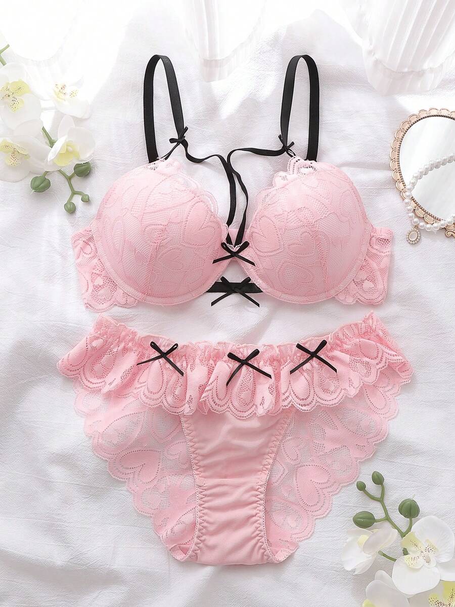 女士优雅蝴蝶结蕾丝内衣套装 - 粉色 - 查看 1