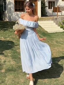 Livesso Vestido midi elegante de hombros descubiertos con volantes para fiestas, vacaciones, bodas y eventos, vestido de verano - Azul - Ver 5