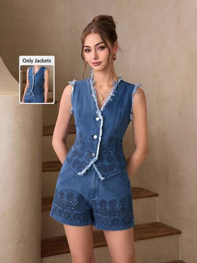 Selenza 女士花卉刺绣毛边单排扣牛仔背心