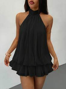 SHEIN PETITE Đầm ngắn không tay, cổ buộc dây, màu vàng nhạt thanh lịch, thích hợp cho tiệc tùng, hẹn hò, mùa thu/đông và xuân/hè. - màu đen - Xem 5