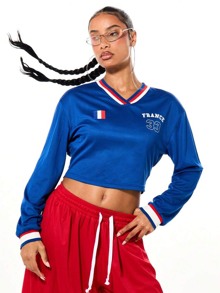 SUMWON WOMEN Blue Mesh V-Neck Long Sleeve Top With Lace Up Back