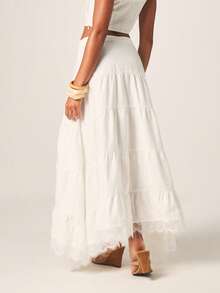 MISSGUIDED Chân váy maxi xếp tầng màu trắng phong cách Boho dành cho nữ, viền ren và chi tiết bèo nhún, kiểu dáng nông thôn, váy dài mùa hè dáng suông, cạp cao, thời trang lễ hội Bohemian. - Màu be - Xem 3