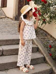 SHEIN Summer Young Girl Fresh Tulip Print Set, Sleeveless Ruffle Collar Blouse + Wide Leg Pants, Cream White Youthful Sweet Casual Style Vest Set - White - View 4