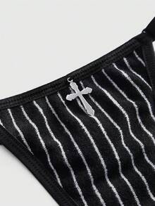 ROMWE Gothic Striped Triangle Bra And Thong Lingerie Set With Tie-Up Details, Sexy - Black - View 4