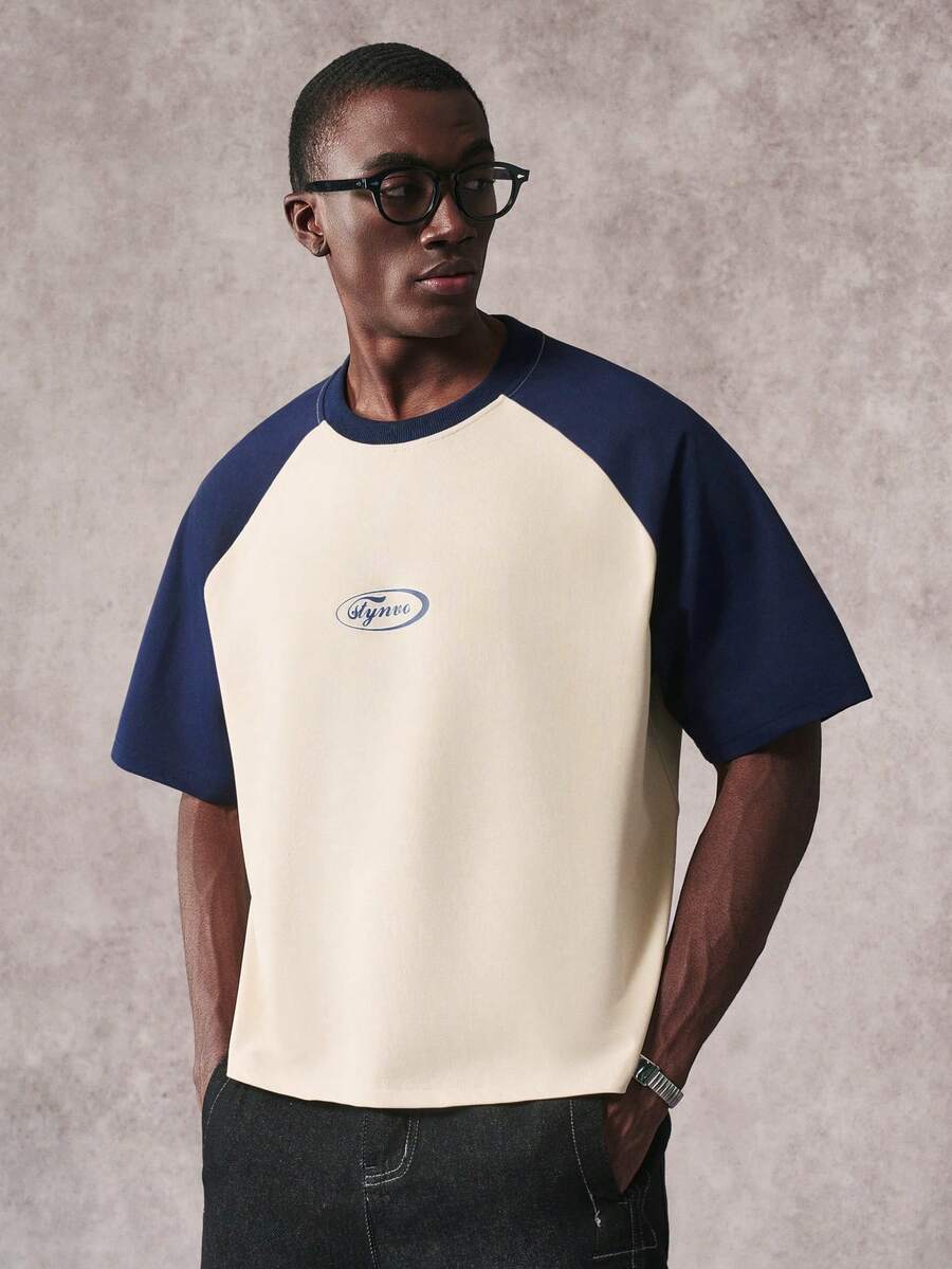 STYNVO Men's Letter Print Contrast Color Raglan Short Sleeve Casual T-Shirt,Oversized Summer Streetwear Ringer Tee For City Break,Navy Blue,Spring Mens Shirt - Multicolor - View 1