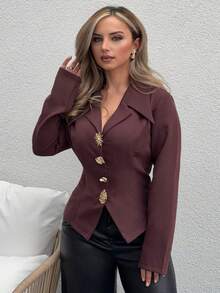 Jeta Ari 女式优雅金属装饰领修身长袖衬衫 - 棕色 - 查看 1