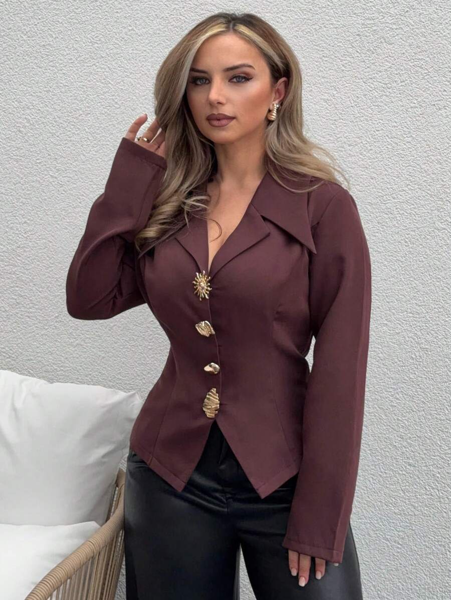 Jeta Ari 女式优雅金属装饰领修身长袖衬衫 - 棕色 - 查看 1