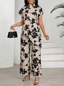 SHEIN Lady 女士印花立领蝙蝠袖上衣和阔腿裤休闲两件套 - 杏色 - 查看 7