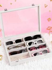 Fashion Glasses Storage Box, Beige Velvet Glasses Tray - Glasses, Watch, And Jewelry Display Box - Unisex (8 Compartments), 8-Compartment Velvet Fashion Glasses And Jewelry Storage Tray, Polyester Fabric Glasses And Accessories - E - View 5