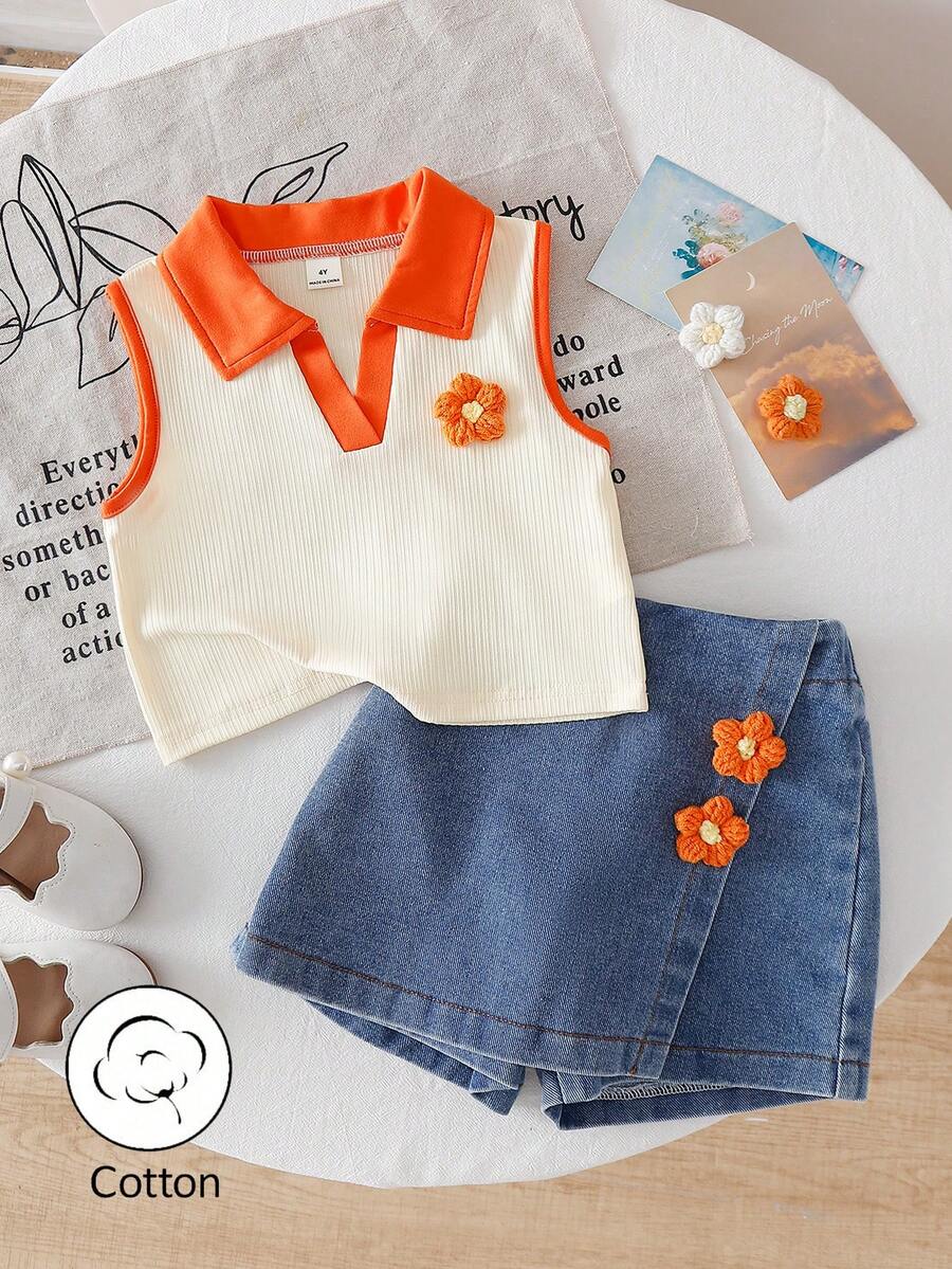 SHEIN Genkimix Kids Young Girl Casual Cute 3D Flower Colorblock Lapel Sleeveless Top & Denim Skorts Set,Orange Summer Outfit For School,Back-To-School Kids Clothes 4y - Orange - View 1