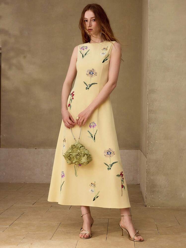 EMBROIDERED 3D FLORAL BEADED SLEEVELESS MIDI LEMON YELLOW DRESS, ELEGANT