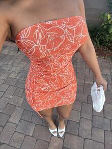 Alexandranx 女士夏季假日花卉印花修身側拉繩背心連身裙 - 橘色 - 查看 6