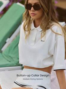 GLOWMODE Cotton Pique Clubhouse Relaxed Fit Contrasting Neckline Cuff Trim Adjustable Drawstring Hem Cropped Cinched Polo Top Tennis Golf Pickleball Daily Casual Wear - White - View 4