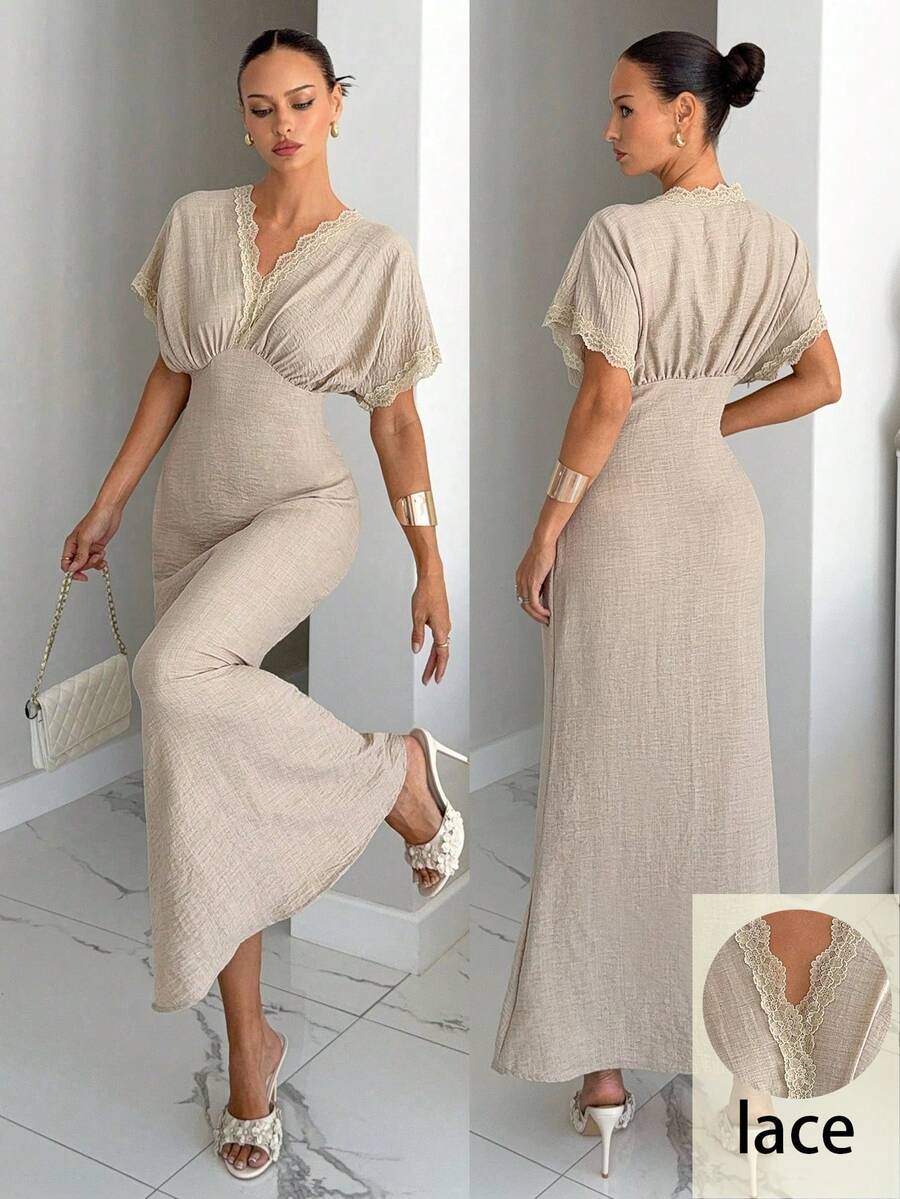 Siren Gaze 女士优雅V领蝙蝠袖撞色蕾丝腰身连衣裙，夏季 - 杏色 - 查看 1