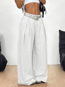 Coolane 大码女式条纹褶皱阔腿宽松休闲裤 - 白色 - 查看 2