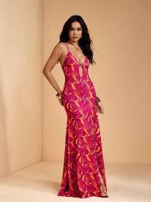 JIAN LASALA All-Over Print Knit Jersey Spaghetti Straps Low-V Neck Women Sleeveless Maxi Dress Summer - Red - View 8