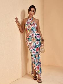 JIAN LASALA Multi Floral Print Halter Neck Tie Backless Women Summer Long Dress Vacation Casual Elegant - Multicolor - View 5