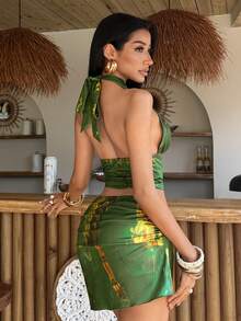 EgrlEra Y2K Tropical Vacation Sexy Deep V Backless Camisole And Asymmetric Hem Mini Skirt 2 Pieces Set - Multicolor - View 2