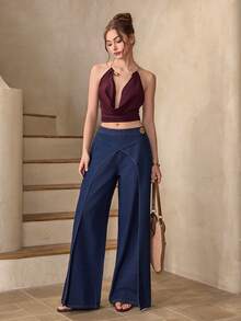 Selenza 女士宽松直筒交叉设计阔腿牛仔裤 - 深色水洗藍 - 查看 5