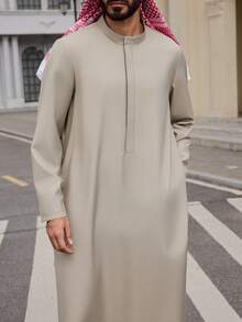 DAZY 男士长款灰色半开襟中东风格长袍衬衫，春季 - 灰色 - 查看 1