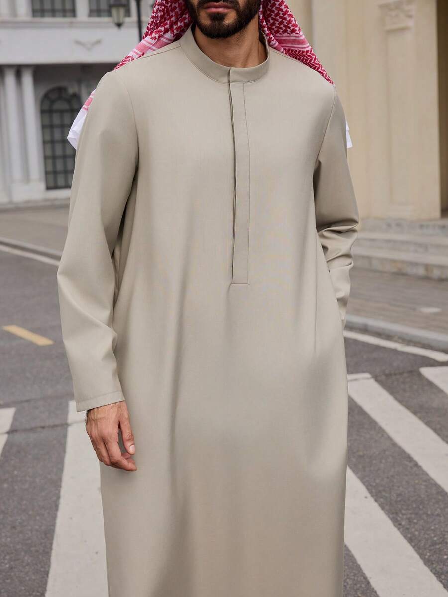DAZY 男士长款灰色半开襟中东风格长袍衬衫，春季 - 灰色 - 查看 1