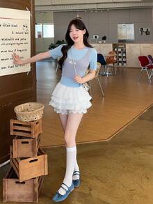 DAZY Jupe d'été coréenne fraîche et girly avec volants et imprimé floral - Blanc - Voir 10