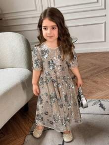 DAZY Young Girl Floral Sequin Decor Round Neck Short Sleeve Elegant Party Dress Vacation - Beige - View 1