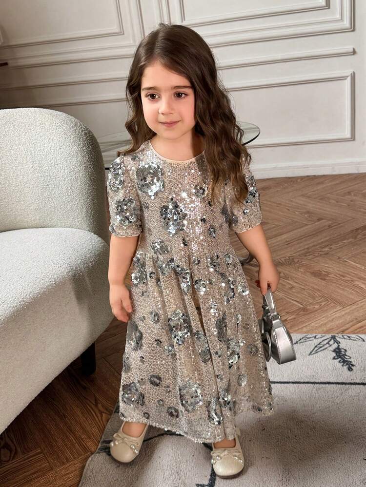 Young Girl Floral Sequin Decor Round Neck Short Sleeve Elegant Party Dress