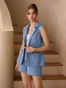 Selenza 女士优雅夏季牛仔背心 - 中等水洗藍 - 查看 3