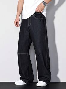Manfinity Homme Casual Street Water-Washed Blue Straight Loose Flared Split Hem Maxi Jeans, Spring/Summer - Blue - View 7